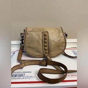 Liebeskind Berlin Filipa Camel-Beige Studded Leather Crossbody Saddle Bag Purse